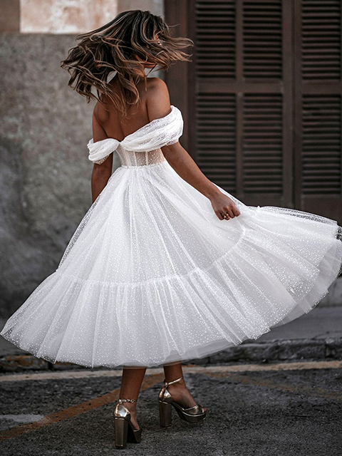 Abella E175 Gita Tulle Pleated Off-Shoulder Cap Wedding Dress
