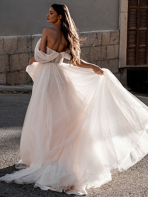 Abella E176 Gita-Marie Pleated Off-Shoulder Cap Wedding Dress