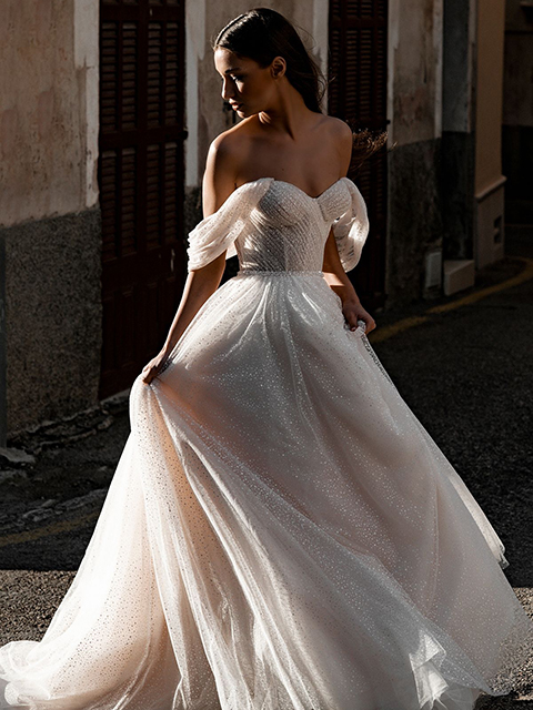 Abella E176 Gita-Marie Pleated Off-Shoulder Cap Wedding Dress