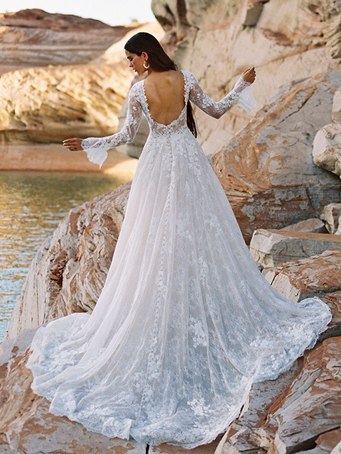 F195 Lace Sheer Sleeves Wedding Dress