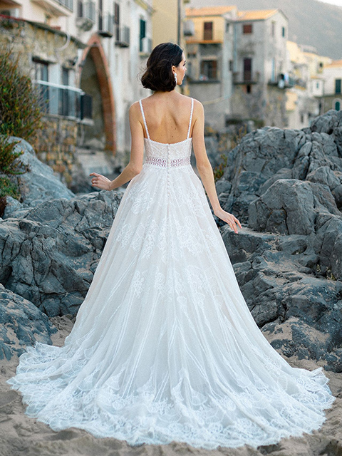F208 Lace Striped Sleeveless A-line Wedding Dress