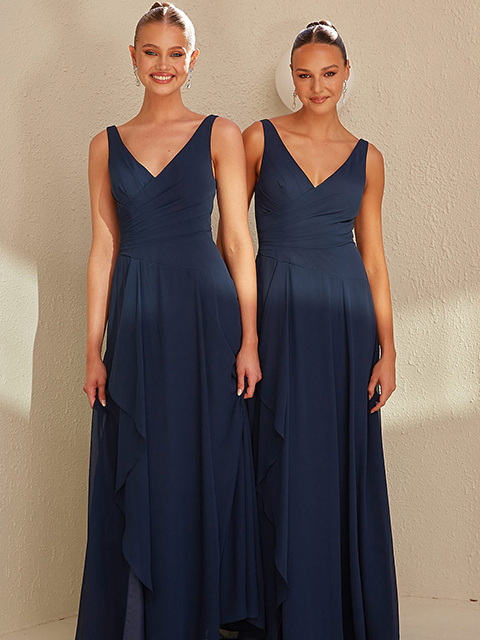 TO2493 Tania Olsen Tyne Bridesmaid Dress georgette fabric deep V-cut back neckline flows into a soft A-line skirt