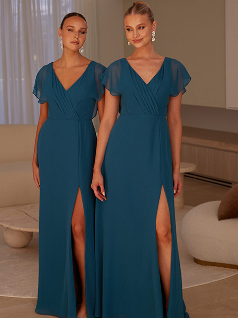 TO2498 Tania Olsen Hudson Bridesmaid Dress a V-neckline with cross-over pleated detailing